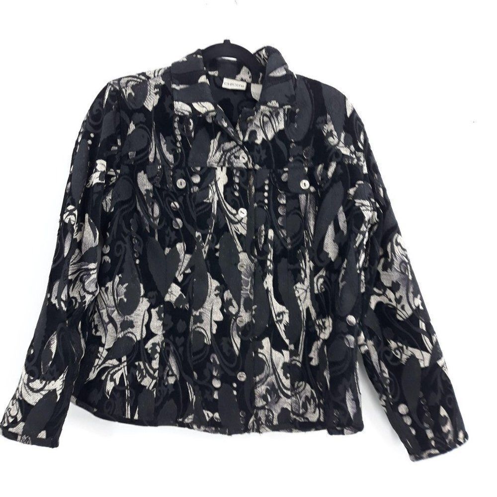 Vtg 80's Chico's Blazer Jacket Shacket Jacquard Tapestry Abstract Black Size 2 - Picture 1 of 8